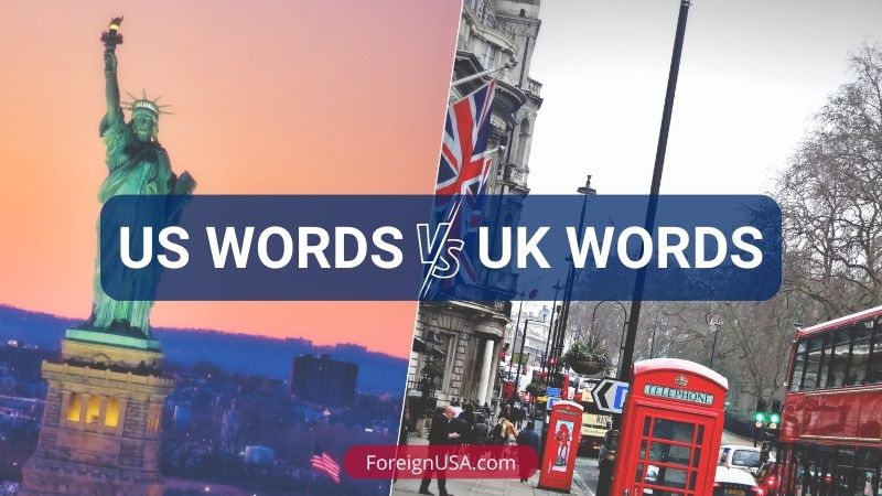 American vs British words overlaying a combined backdrop of the United Kingdom and the United States.